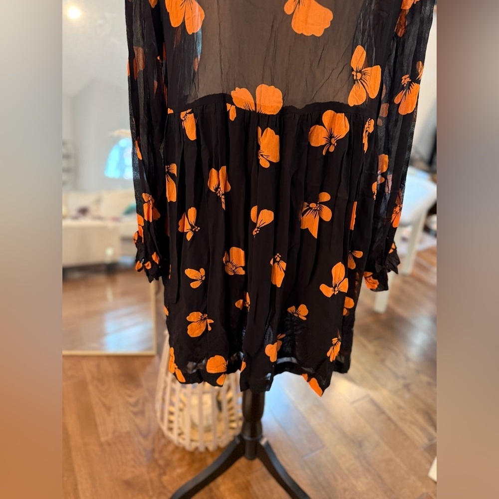 Ganni Black Sheer Dress with Orange Floral Design Lined on Bottom - Picture 13 of 15